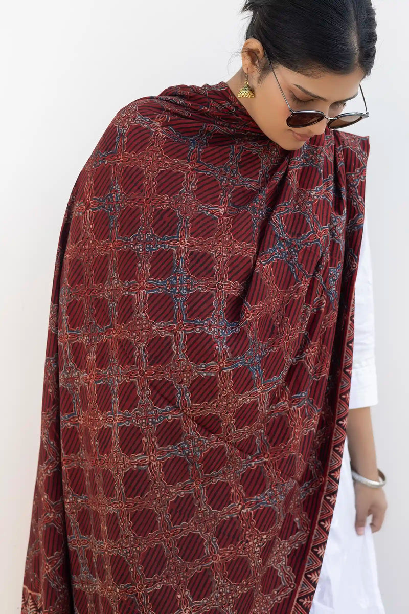 Leher Ajrakh Modal Satin Maroon Dupatta