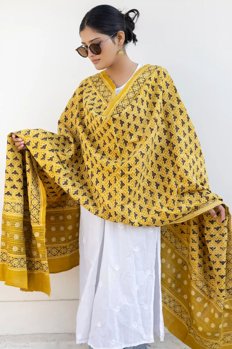 Leher Ajrakh Modal Satin Yellow Dupatta