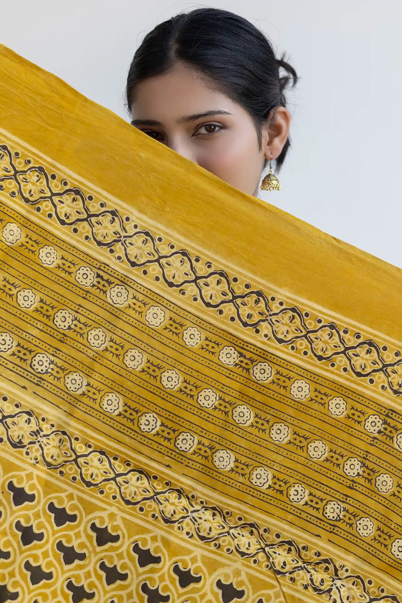 Leher Ajrakh Modal Satin Yellow Dupatta