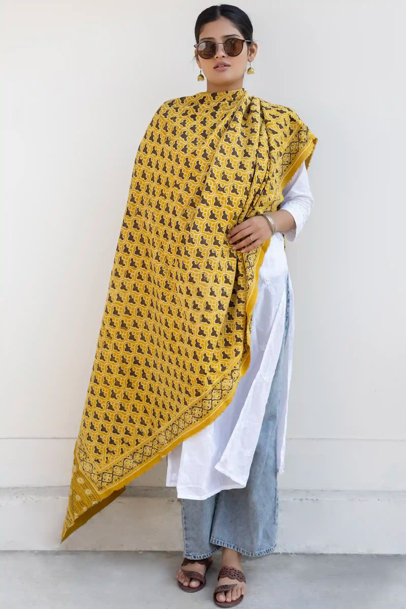 Leher Ajrakh Modal Satin Yellow Dupatta