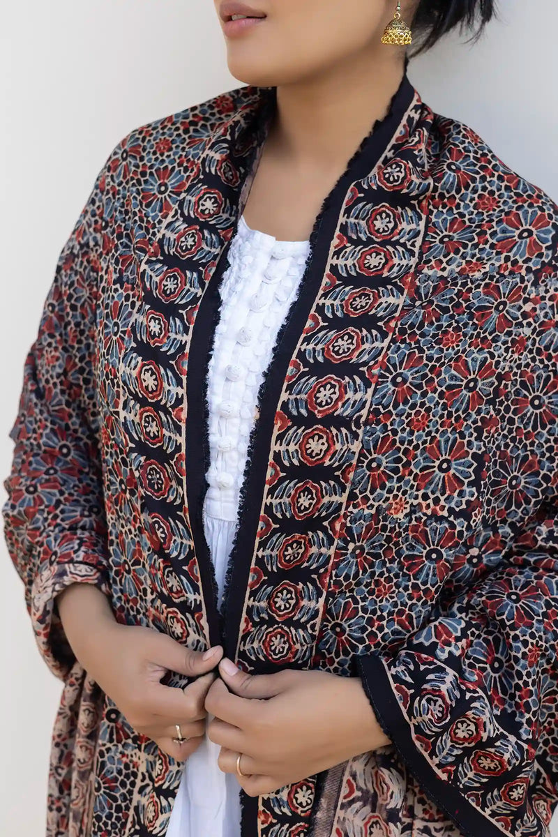 Leher Ajrakh Modal Satin Black Dupatta