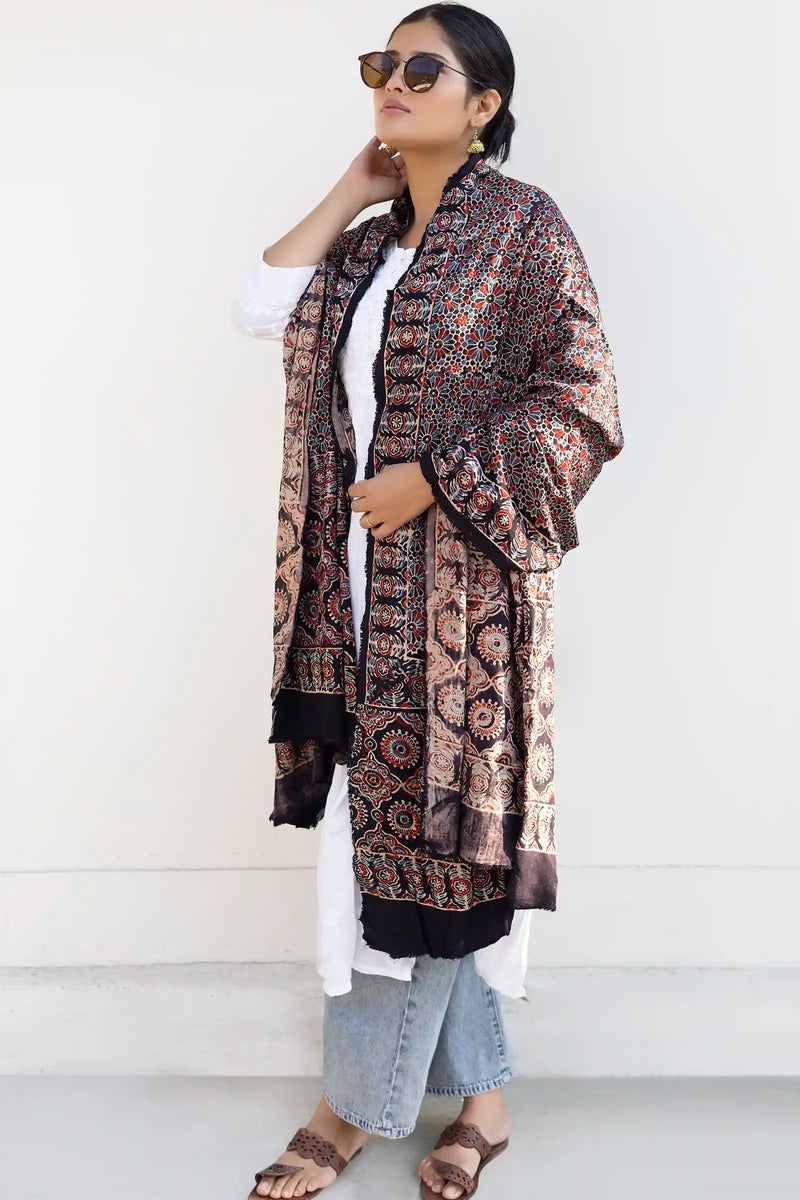 Leher Ajrakh Modal Satin Black Dupatta