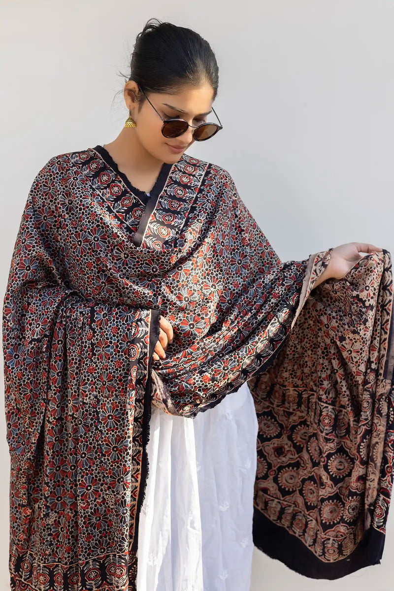 Leher Ajrakh Modal Satin Black Dupatta