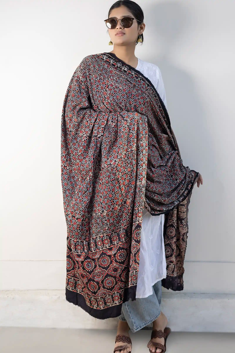 Leher Ajrakh Modal Satin Black Dupatta