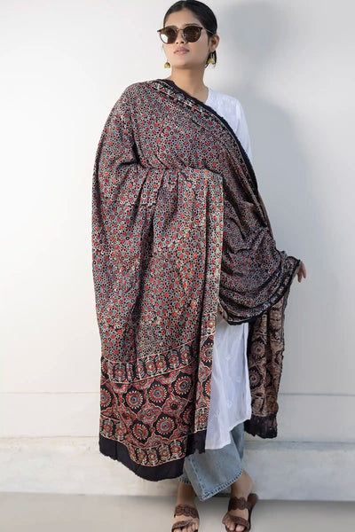 Leher Ajrakh Modal Satin Black Dupatta