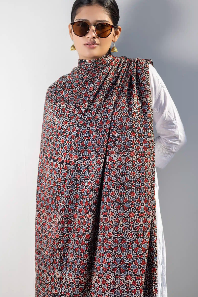 Leher Ajrakh Modal Satin Black Dupatta