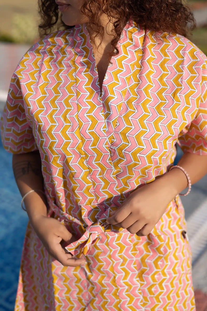 Bani Hand Block Printed Yellow Geometric Kimono Dress