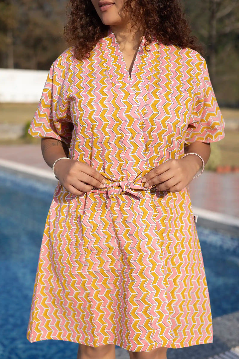 Bani Hand Block Printed Yellow Geometric Kimono Dress