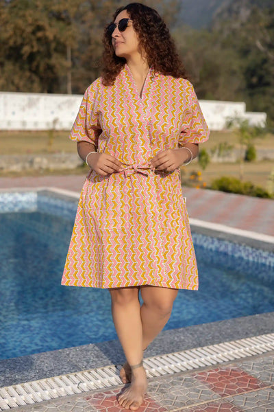 Bani Hand Block Printed Yellow Geometric Kimono Dress