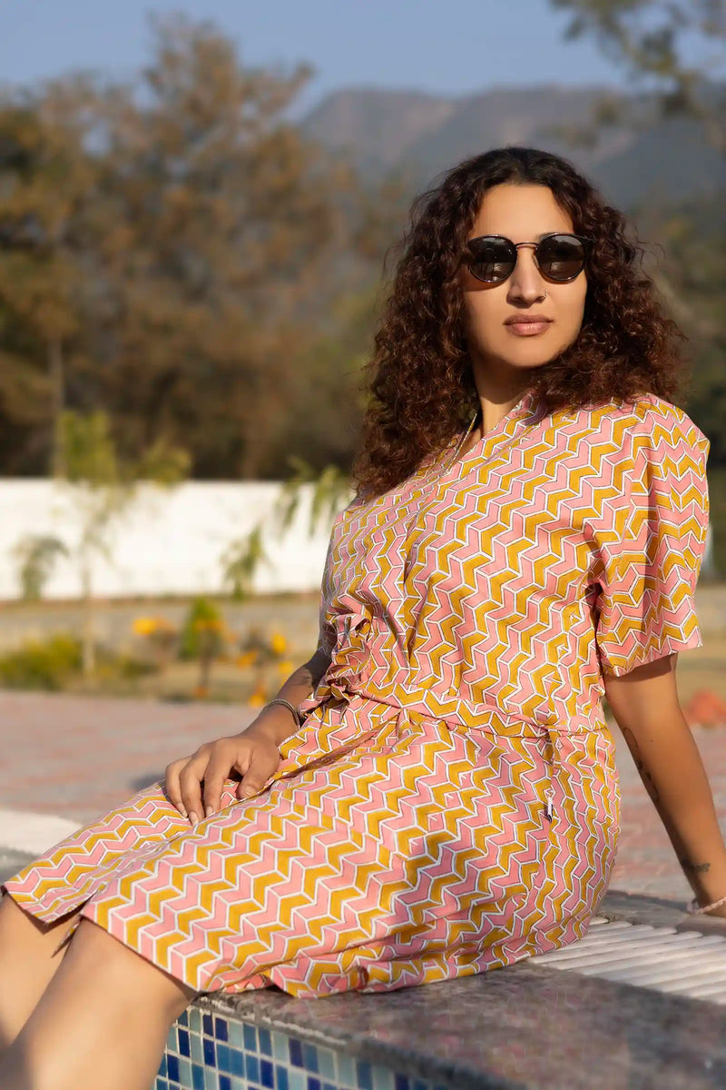 Bani Hand Block Printed Yellow Geometric Kimono Dress