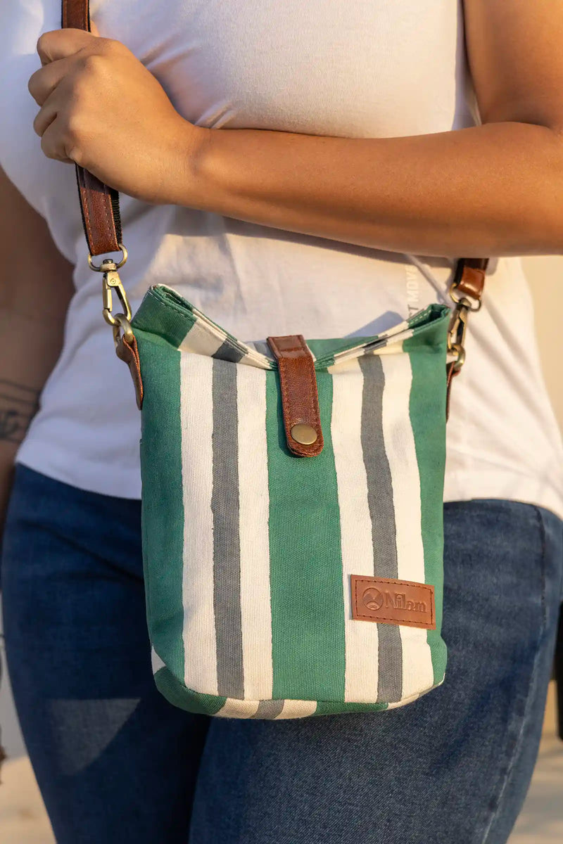 Hand Block Printed Green/Grey Arya Sling Bag