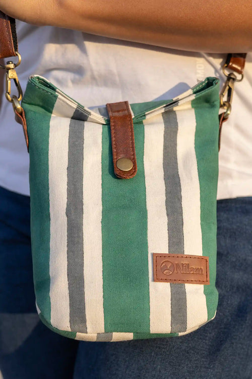 Hand Block Printed Green/Grey Arya Sling Bag