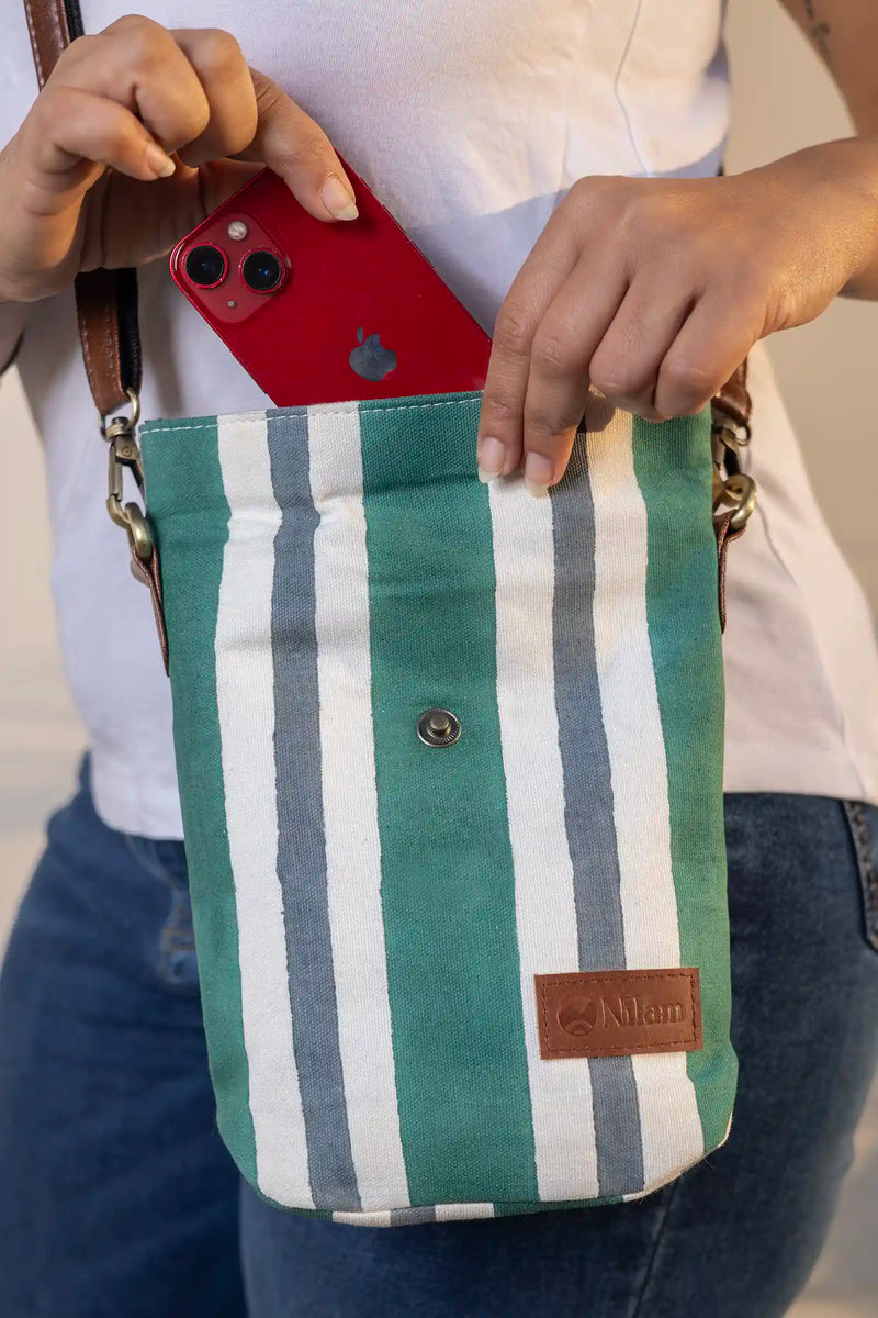 Hand Block Printed Green/Grey Arya Sling Bag