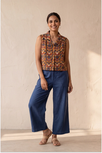 Hand Block Printed Madder Orange  Sleeveless Crop Shirt