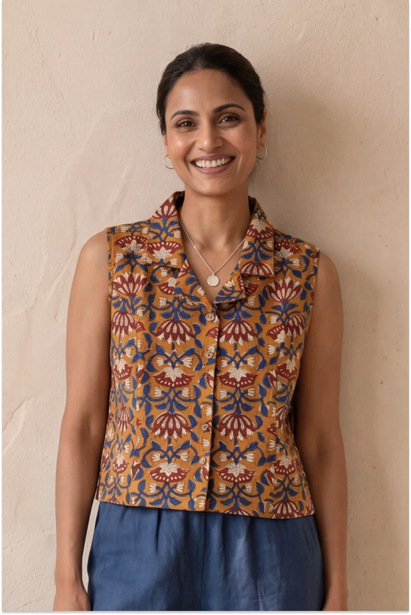 Hand Block Printed Madder Orange  Sleeveless Crop Shirt