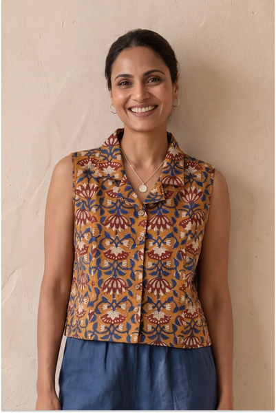 Hand Block Printed Madder Orange  Sleeveless Crop Shirt