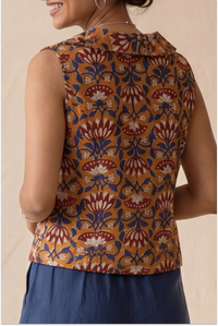 Hand Block Printed Madder Orange  Sleeveless Crop Shirt