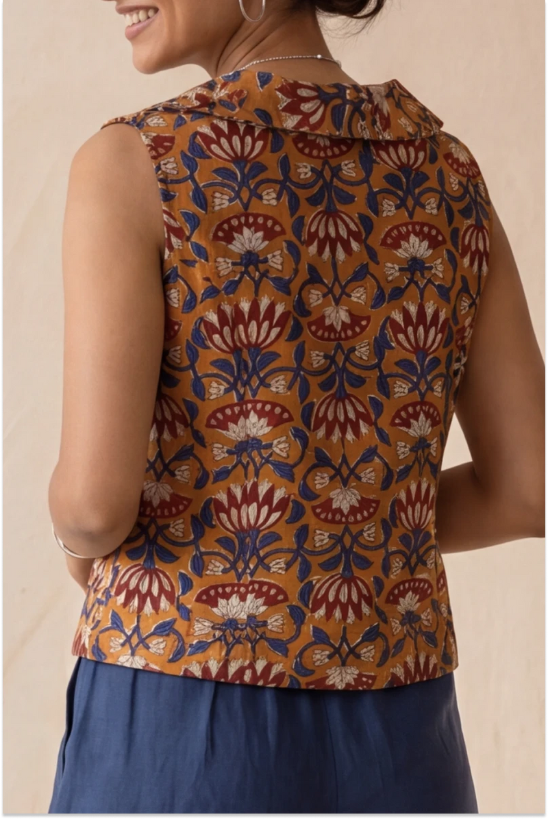 Hand Block Printed Madder Orange  Sleeveless Crop Shirt