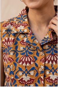 Hand Block Printed Madder Orange  Sleeveless Crop Shirt