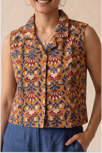 Hand Block Printed Madder Orange  Sleeveless Crop Shirt