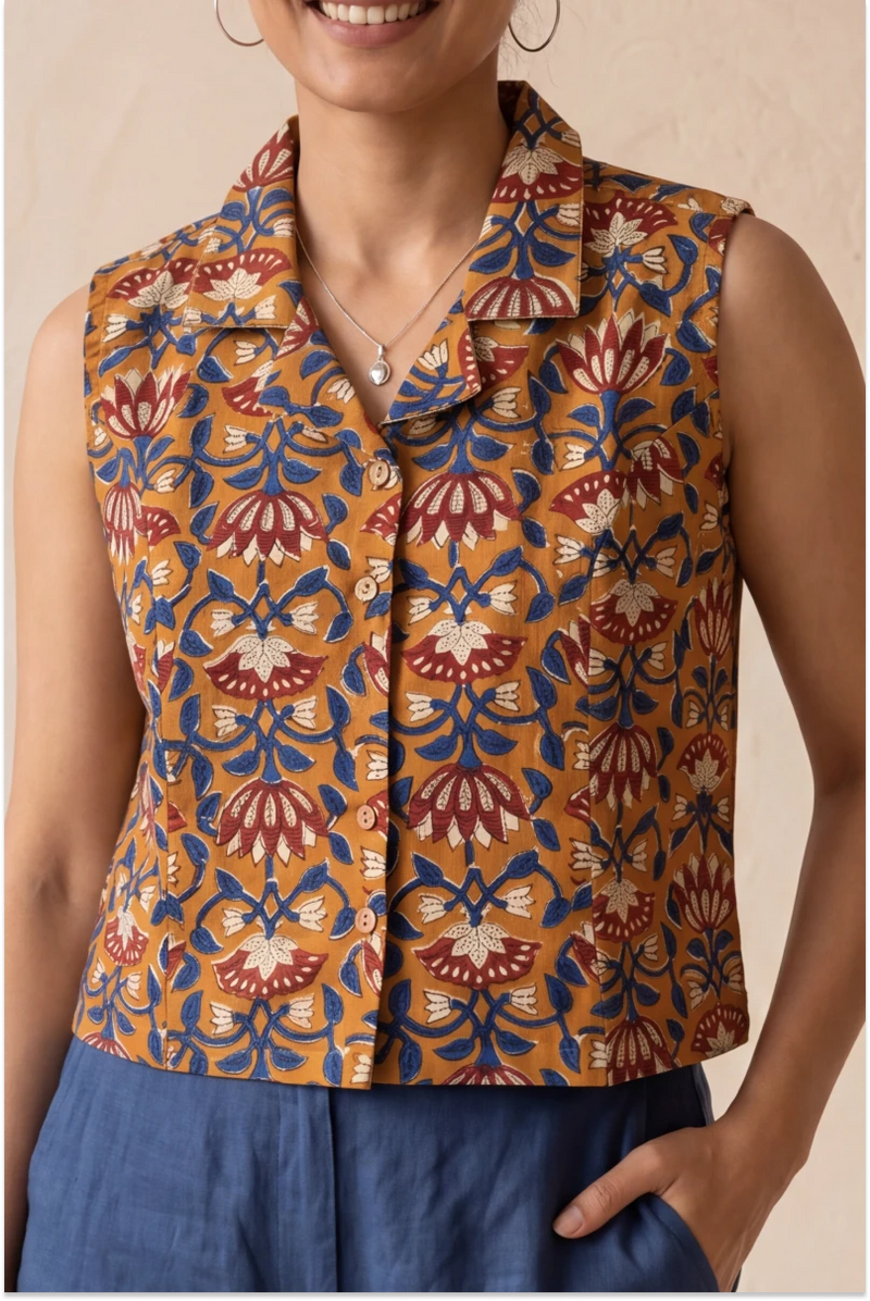 Hand Block Printed Madder Orange  Sleeveless Crop Shirt