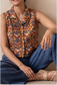 Hand Block Printed Madder Orange  Sleeveless Crop Shirt