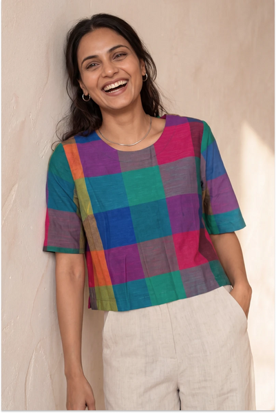 Madras Checks Woven Half Sleeve Top