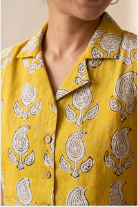 Hand Block Printed Mustard Yellow Sleeveless Crop Shirt