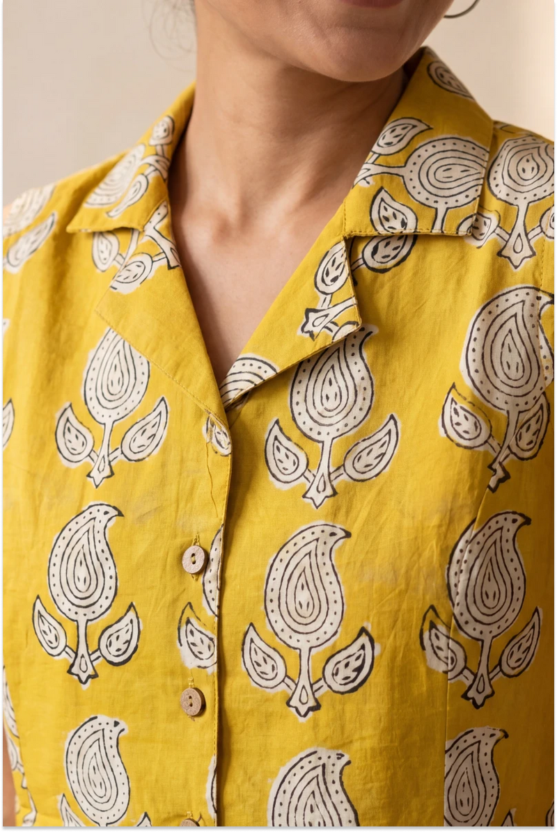Hand Block Printed Mustard Yellow Sleeveless Crop Shirt