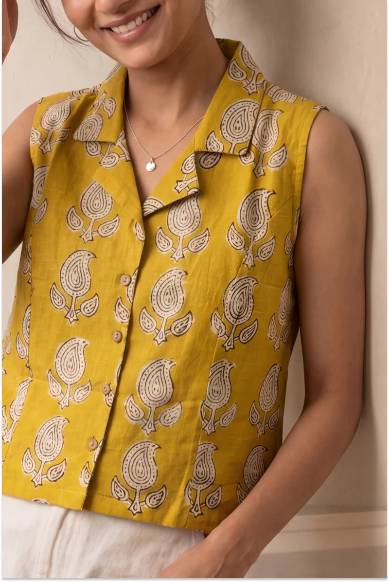 Hand Block Printed Mustard Yellow Sleeveless Crop Shirt