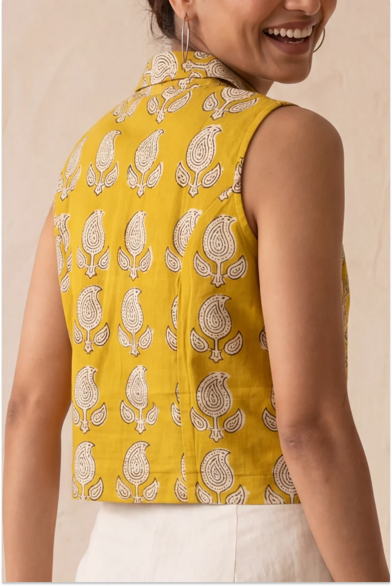 Hand Block Printed Mustard Yellow Sleeveless Crop Shirt
