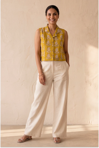 Hand Block Printed Mustard Yellow Sleeveless Crop Shirt