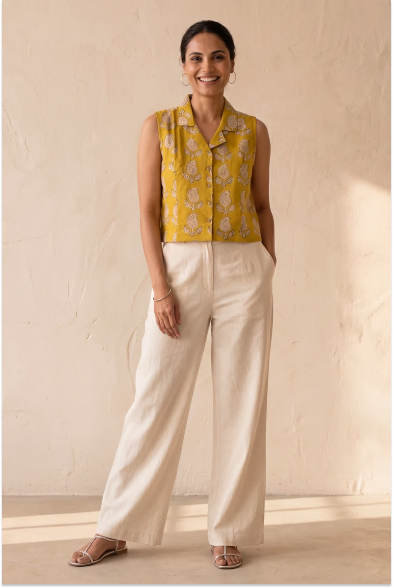 Hand Block Printed Mustard Yellow Sleeveless Crop Shirt