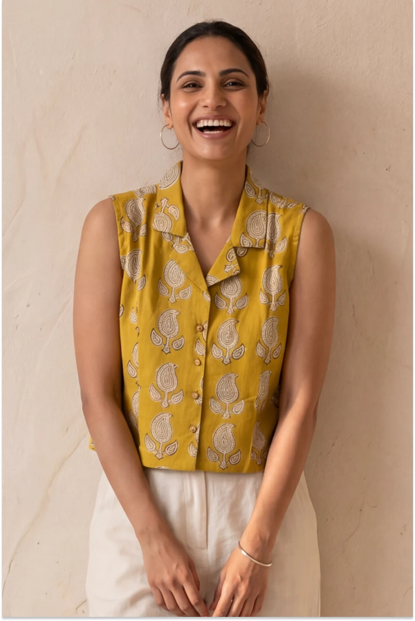 Hand Block Printed Mustard Yellow Sleeveless Crop Shirt