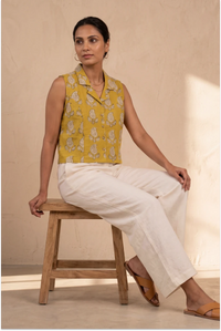 Hand Block Printed Mustard Yellow Sleeveless Crop Shirt