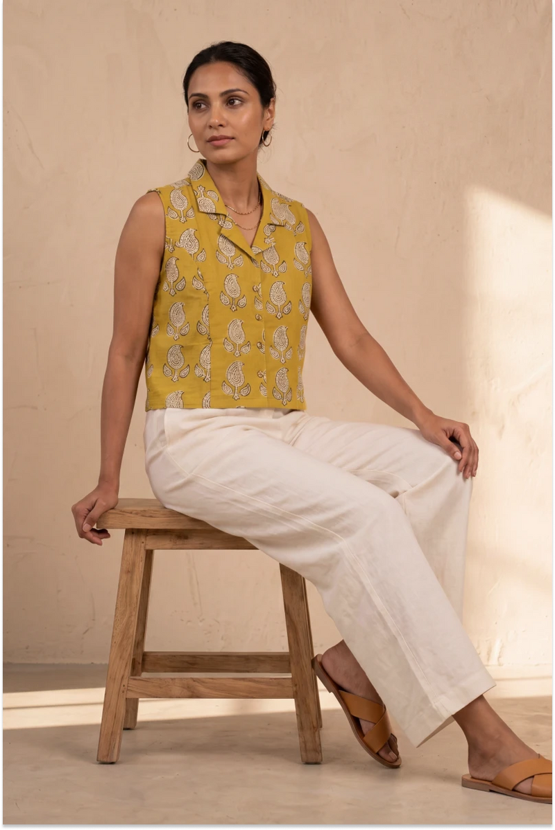 Hand Block Printed Mustard Yellow Sleeveless Crop Shirt