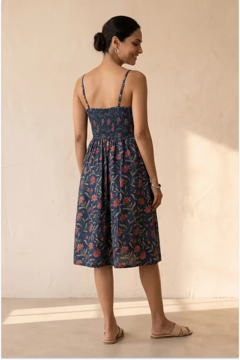 Hand Block Printed Navy Blue Knee Length Strappy Dress