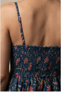Hand Block Printed Navy Blue Knee Length Strappy Dress