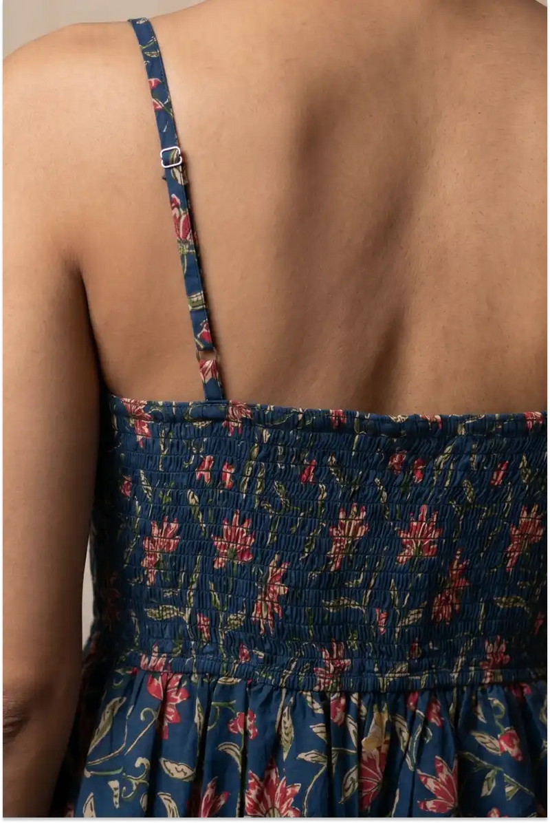 Hand Block Printed Navy Blue Knee Length Strappy Dress