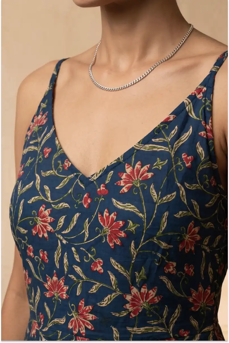 Hand Block Printed Navy Blue Knee Length Strappy Dress