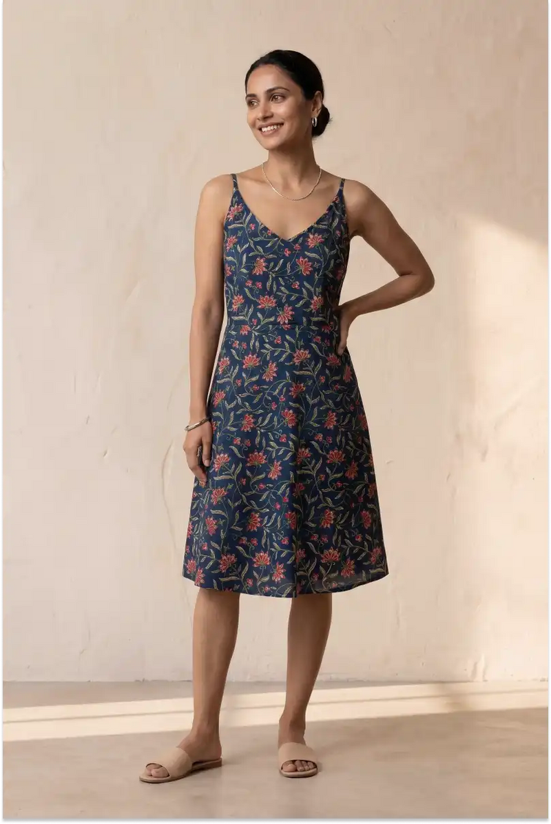 Hand Block Printed Navy Blue Knee Length Strappy Dress