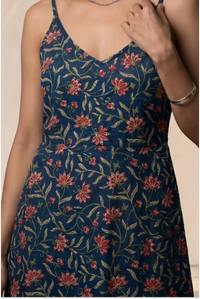 Hand Block Printed Navy Blue Knee Length Strappy Dress