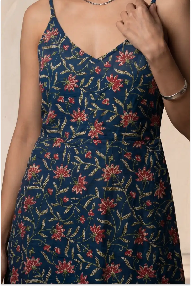 Hand Block Printed Navy Blue Knee Length Strappy Dress