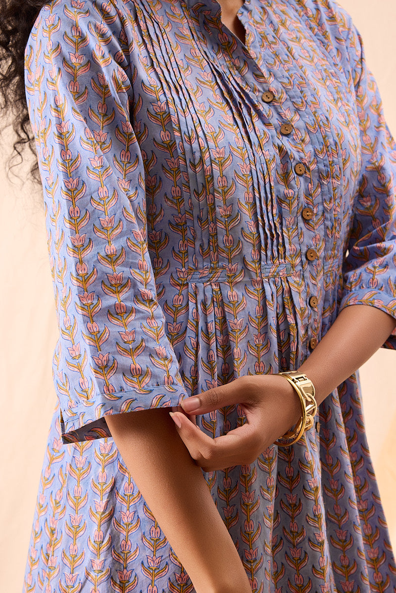 Ayesha Hand Block Printed Pintuck Dress – Nilam India