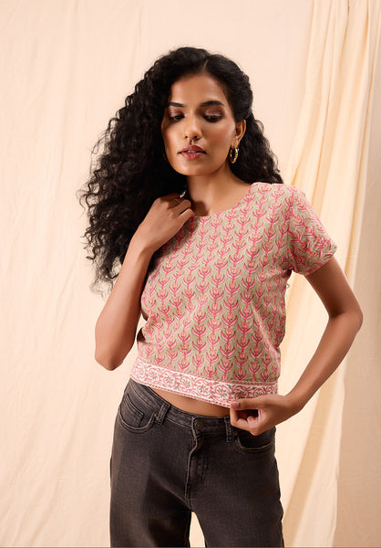 Mia Hand Block Printed Cap Sleeve Crop Top