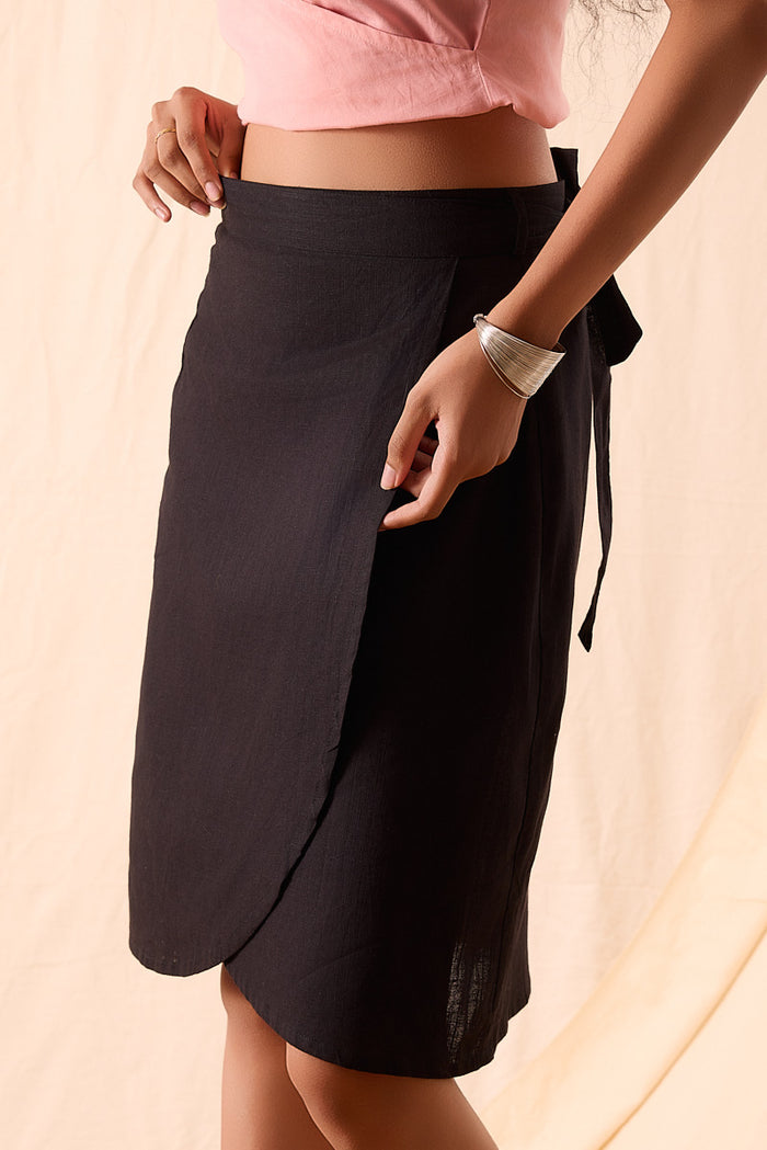 Bella Black Hand Dyed Knee Length Wrap Skirt