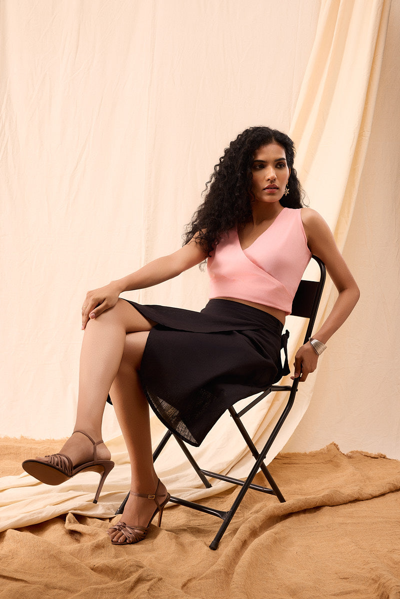 Stylish hand-dyed black knee-length wrap skirt for women