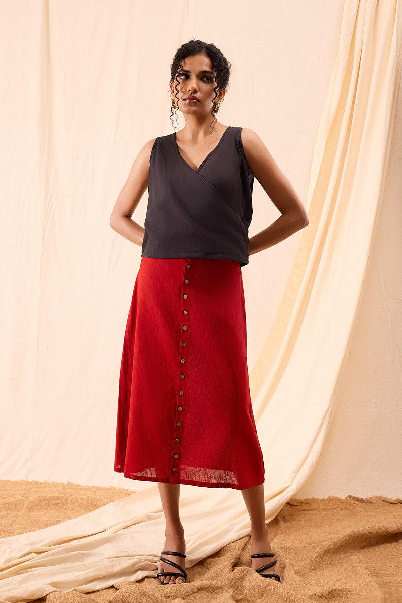Stylish Bella Red Midi Hand-Dyed Button-Down Skirt Outfit