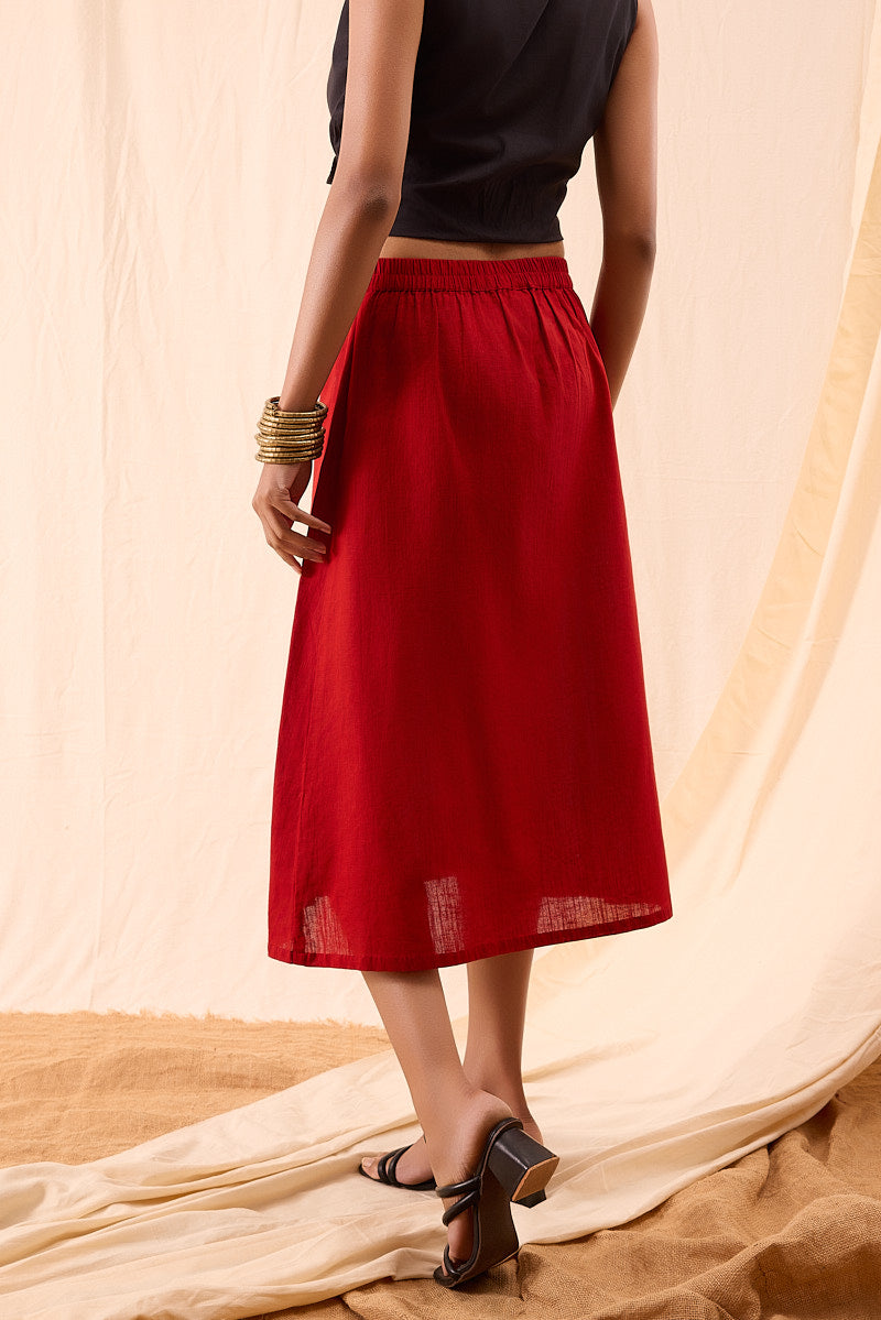 Hand-dyed red midi skirt with button-down style