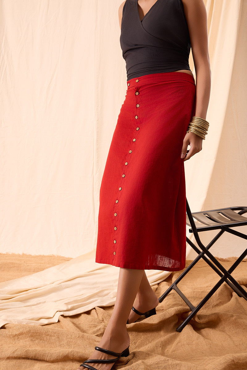 Bella Red Midi Hand-Dyed Button-Down Skirt front view